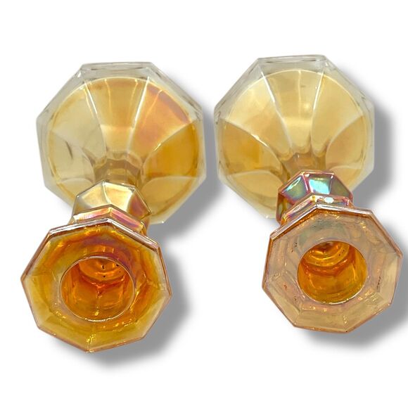 Imperial Carnival Glass Candlesticks Clear to Marigold Delta Base Colonial - Picture 6 of 7